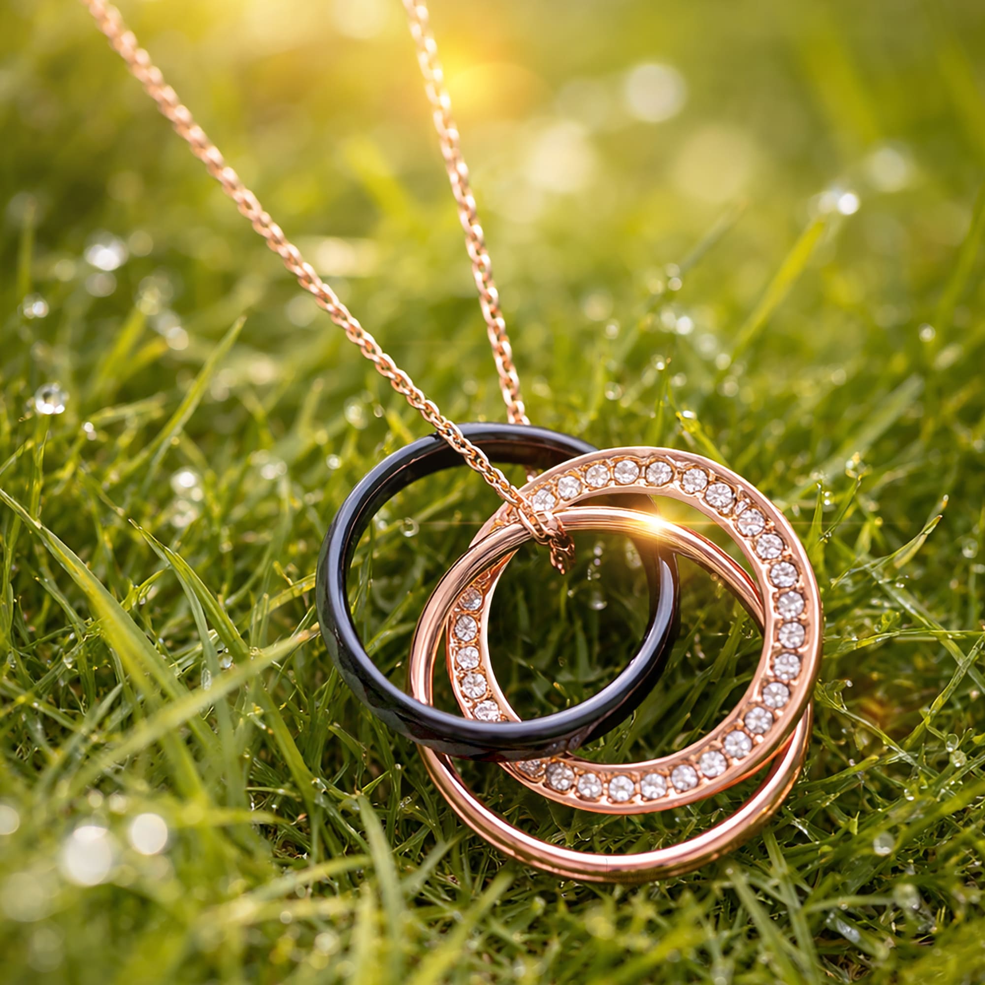 Rose Gold Triple Interlocking Ring Black Pendant Necklace Embellished with SWAROVSKI® Crystals - Image 2