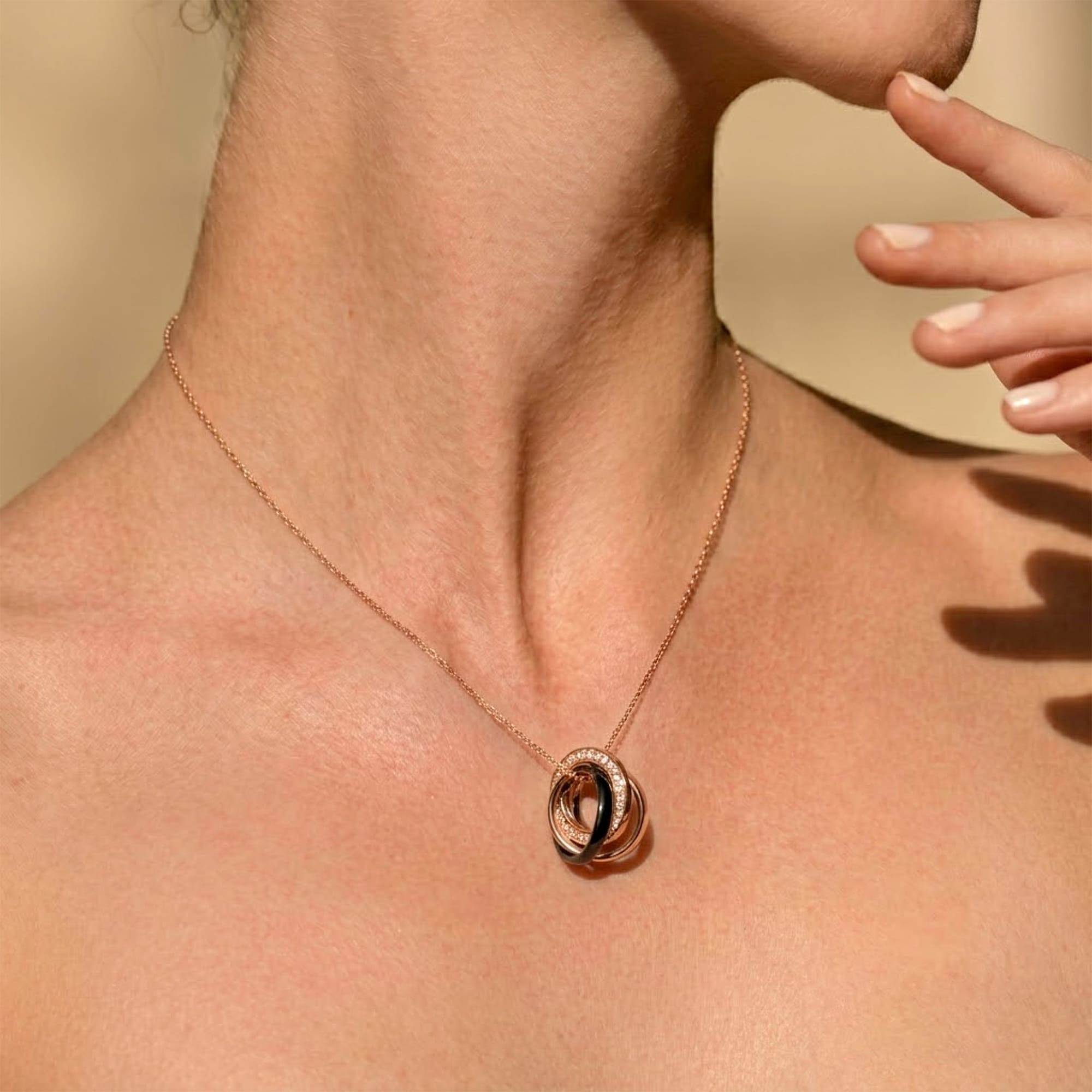 Rose Gold Triple Interlocking Ring Black Pendant Necklace Embellished with SWAROVSKI® Crystals - Image 5