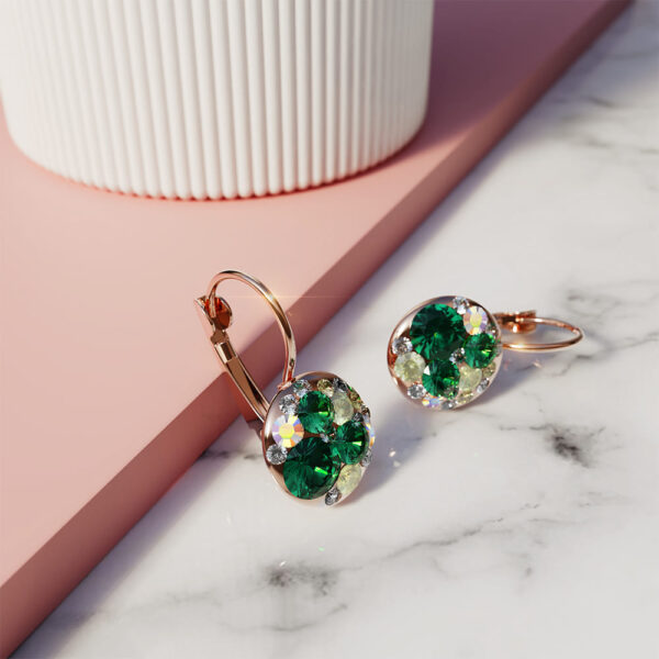 Clustered Austrian Crystals Leverback Earrings in Emerald Green - Image 4