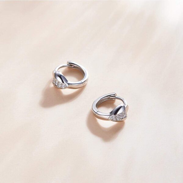 Solid 925 Sterling Silver Cubic Zirconia Middle Paved Heart Shaped Hoop Earrings - Image 5