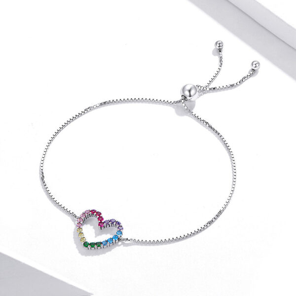 Solid 925 Sterling Silver Heart Shaped Rainbow Color Slider Bracelet - Image 2