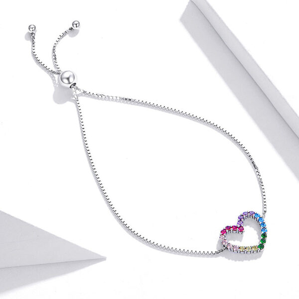 Solid 925 Sterling Silver Heart Shaped Rainbow Color Slider Bracelet - Image 4