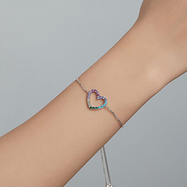 Solid 925 Sterling Silver Heart Shaped Rainbow Color Slider Bracelet - Image 5
