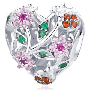Solid 925 Sterling Silver Heart Colourful Floral Flower Pandora Inspired Charm