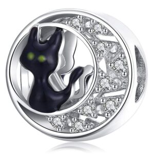 Solid 925 Sterling Silver Black Cat Over the Moon Pandora Inspired Charm