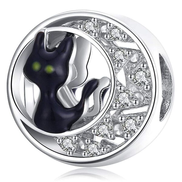 Solid 925 Sterling Silver Black Cat Over the Moon Pandora Inspired Charm
