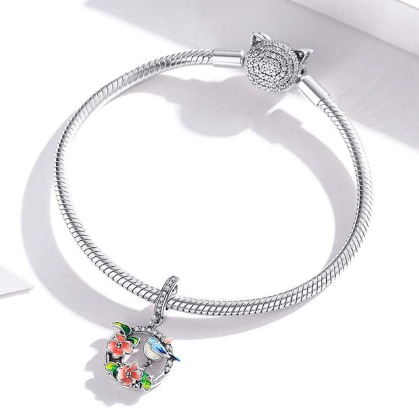 Solid 925 Sterling Silver Blue Lovebird Floral Pandora Inspired Charm - Image 2