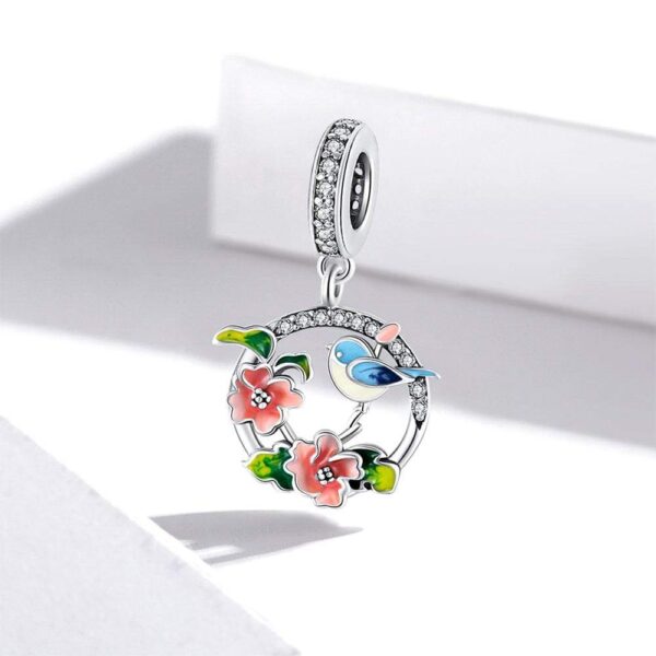 Solid 925 Sterling Silver Blue Lovebird Floral Pandora Inspired Charm - Image 4