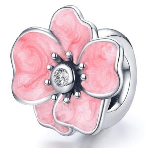 Solid 925 Sterling Silver Inlay Pink Floral Pandora Inspired Charm