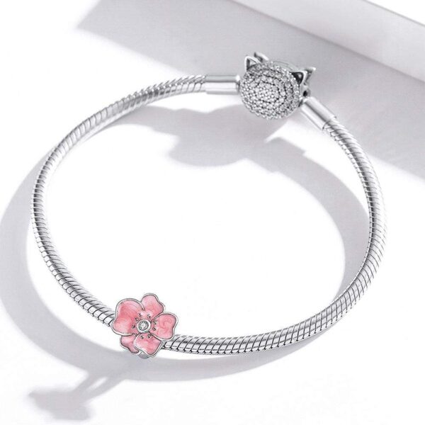 Solid 925 Sterling Silver Inlay Pink Floral Pandora Inspired Charm - Image 2