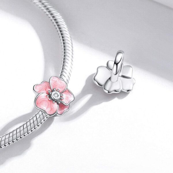 Solid 925 Sterling Silver Inlay Pink Floral Pandora Inspired Charm - Image 3