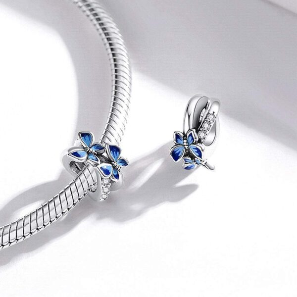 Solid 925 Sterling Silver Twin Blue Inlay Butterfly Pandora Inspired Charm - Image 3