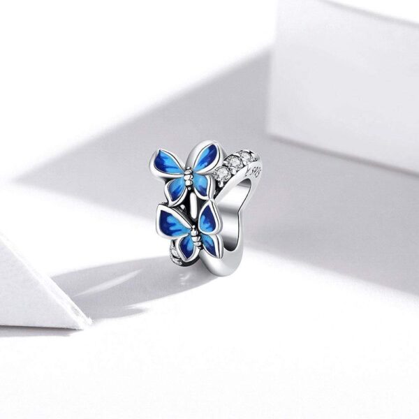 Solid 925 Sterling Silver Twin Blue Inlay Butterfly Pandora Inspired Charm - Image 4