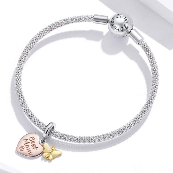 Solid 925 Sterling Silver Best Mom Heart and Butterfly Pandora Inspired Charm - Image 2