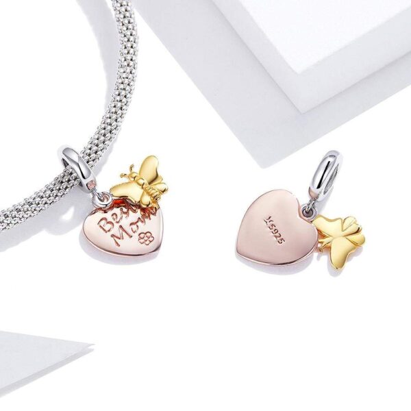 Solid 925 Sterling Silver Best Mom Heart and Butterfly Pandora Inspired Charm - Image 3