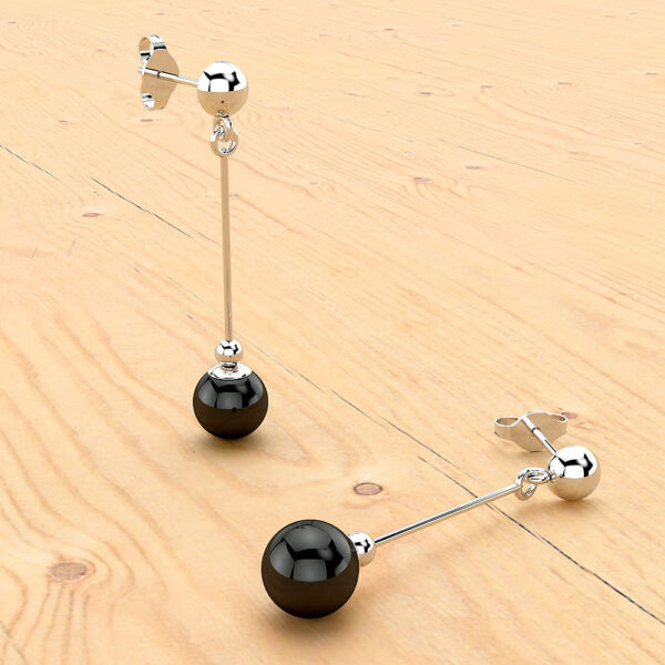 Solid 925 Sterling Silver Glossy Black Agate Dangle Earrings - Image 2