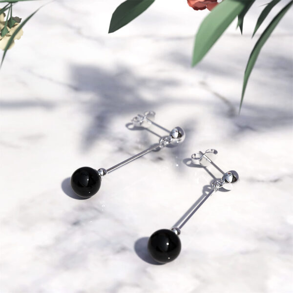 Solid 925 Sterling Silver Glossy Black Agate Dangle Earrings - Image 3