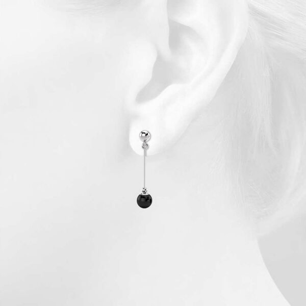 Solid 925 Sterling Silver Glossy Black Agate Dangle Earrings - Image 4