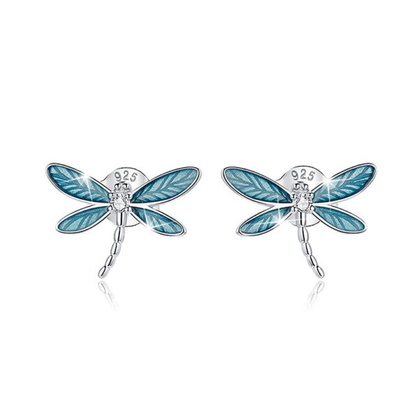 Solid 925 Sterling Silver Dragonflies in Blue Stud Earrings - Image 4