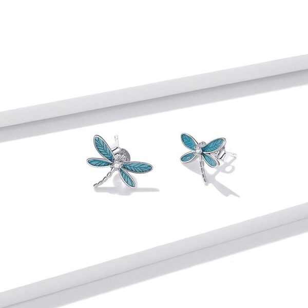 Solid 925 Sterling Silver Dragonflies in Blue Stud Earrings - Image 2