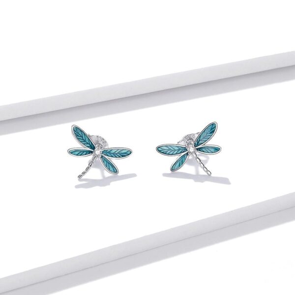 Solid 925 Sterling Silver Dragonflies in Blue Stud Earrings - Image 3