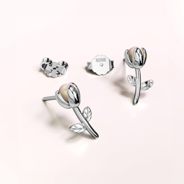 Solid 925 Signature Silver Tulip Opening Pearl Stud Earrings - Image 2