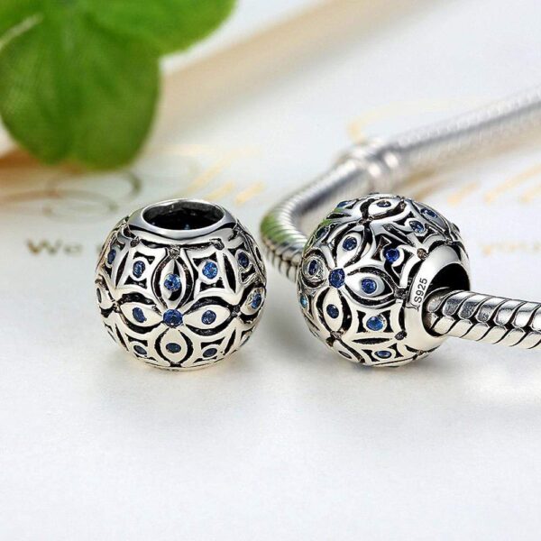 Solid 925 Sterling Silver Floral with Sapphire Blue CZ Charm - Image 2