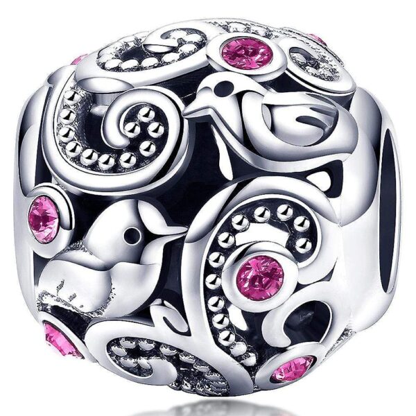Solid 925 Sterling Silver Love Bird with Rose CZ Charm