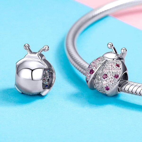 Solid 925 Sterling Silver Pink Beetle with CZ Charm - Image 3