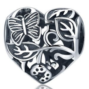Solid 925 Sterling Silver Butterfly Garden Heart Charm