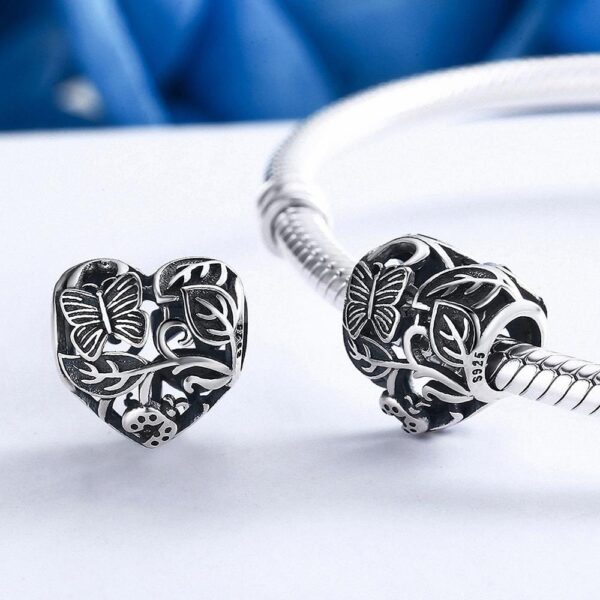 Solid 925 Sterling Silver Butterfly Garden Heart Charm - Image 2
