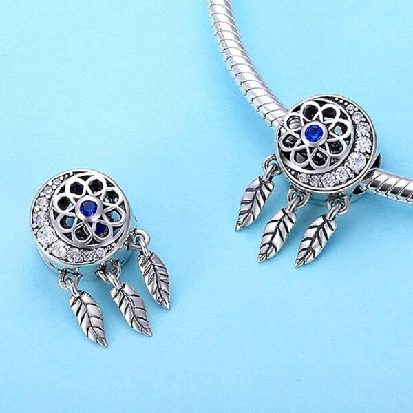 Solid 925 Sterling Silver Dream Catcher Sapphire Blue CZ Charm - Image 2