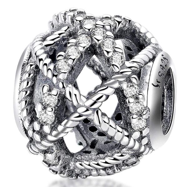 Solid 925 Sterling Silver Twisted Rope CZ Round Charm