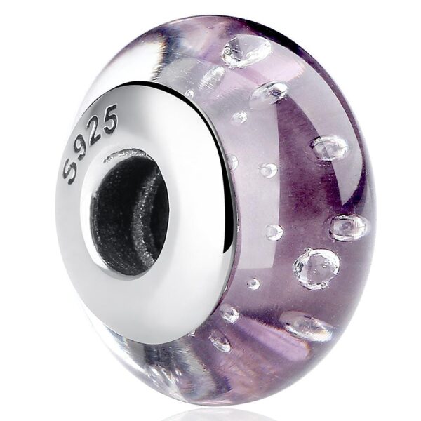 Solid 925 Sterling Silver Violet Bubbles Inclusion Murano Glass Charm