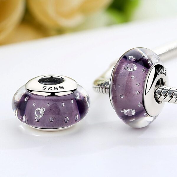 Solid 925 Sterling Silver Violet Bubbles Inclusion Murano Glass Charm - Image 2