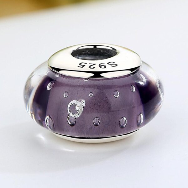 Solid 925 Sterling Silver Violet Bubbles Inclusion Murano Glass Charm - Image 3