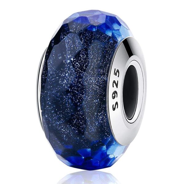 Solid 925 Sterling Silver Pale Dark Sapphire Stardust Murano Glass Charm