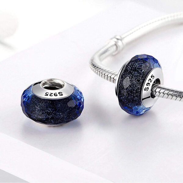 Solid 925 Sterling Silver Pale Dark Sapphire Stardust Murano Glass Charm - Image 2