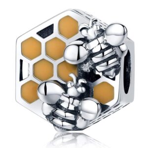 Solid 925 Sterling Silver HoneyComb Duo Bees Charm
