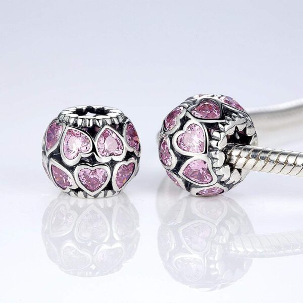Solid 925 Sterling Silver Explosion Pink Heart CZ Charm - Image 2