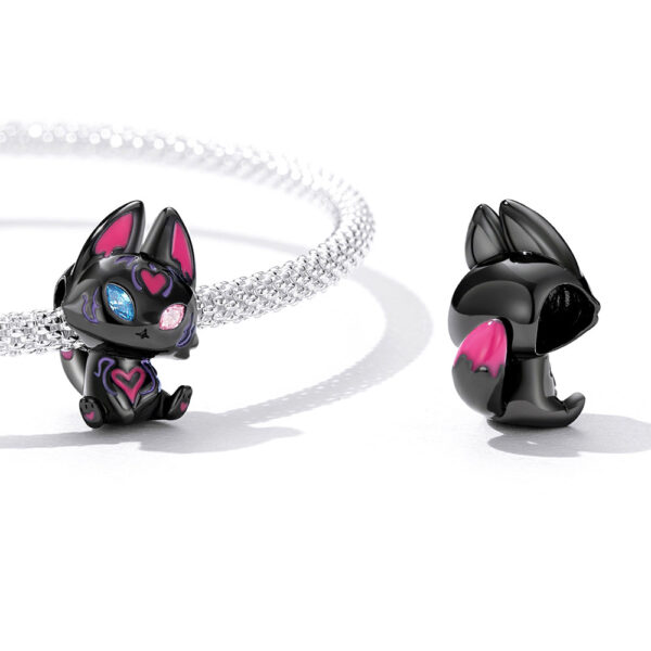 Solid 925 Sterling Silver Odd Eyed Evil Cat Charm - Image 2