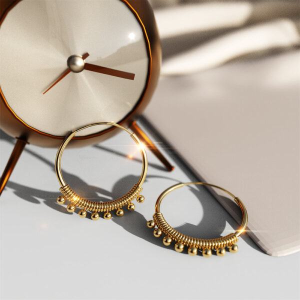 Solid 925 Sterling Silver Gold Hippie Beaded Hoop Earrings - Image 2