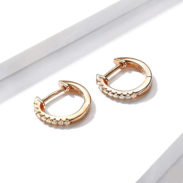 Solid 925 Sterling Silver Sparkling Zircon Rose Gold Huggie Earrings - Image 2