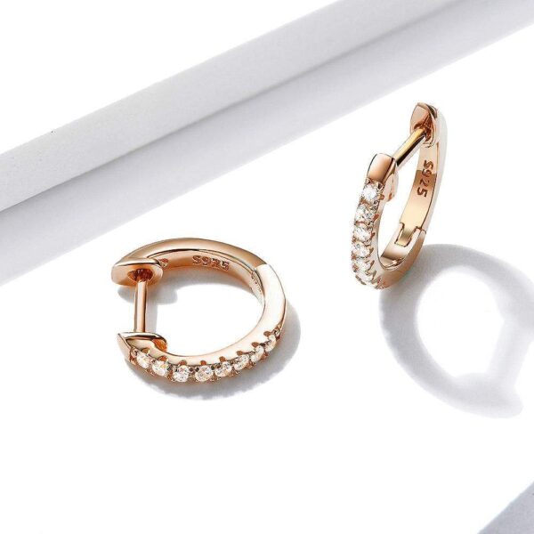 Solid 925 Sterling Silver Sparkling Zircon Rose Gold Huggie Earrings - Image 3