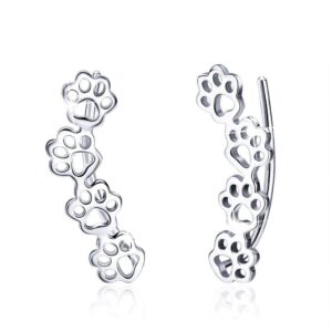 Solid 925 Sterling Silver Animal Pet Paw Print Ear Climber Earrings