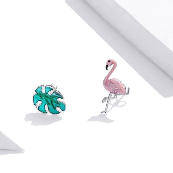 Solid 925 Sterling Silver Asymmetrical Pink Flamingo and Monstera Leaf Earrings - Image 2