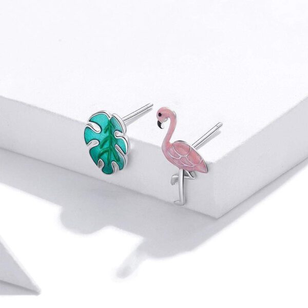 Solid 925 Sterling Silver Asymmetrical Pink Flamingo and Monstera Leaf Earrings - Image 3