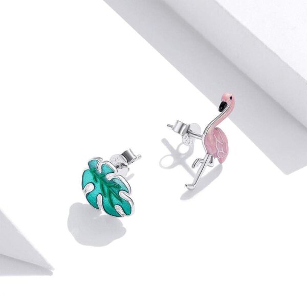 Solid 925 Sterling Silver Asymmetrical Pink Flamingo and Monstera Leaf Earrings - Image 4