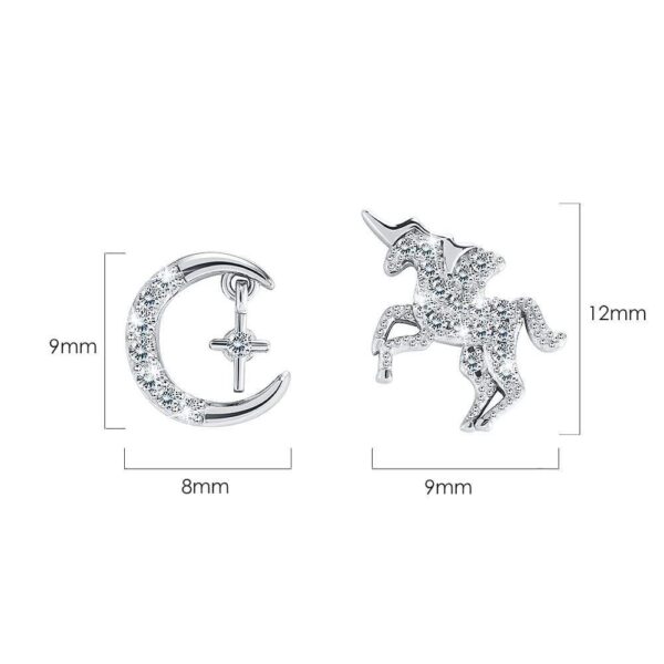Solid 925 Sterling Silver Pure Crescent and Unicorn Stud Earrings - Image 5