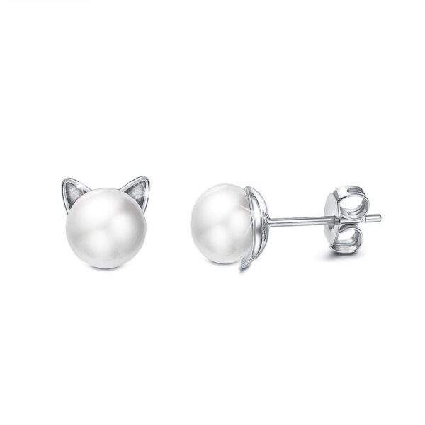 Solid 925 Sterling Silver Kitty Pearl Stud Earrings